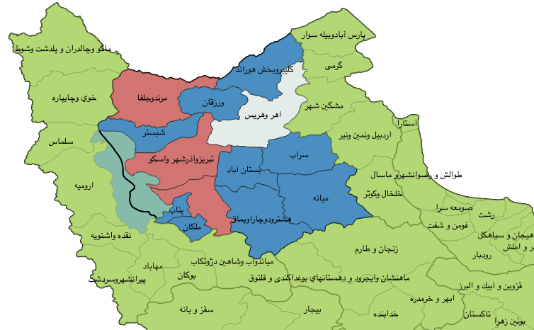 این نقشه از نسخه جدید نبض‌نامه، وضعیت حوزه‌های انتخابیه استان آذربایجان شرقی را نمایش می‌دهد.