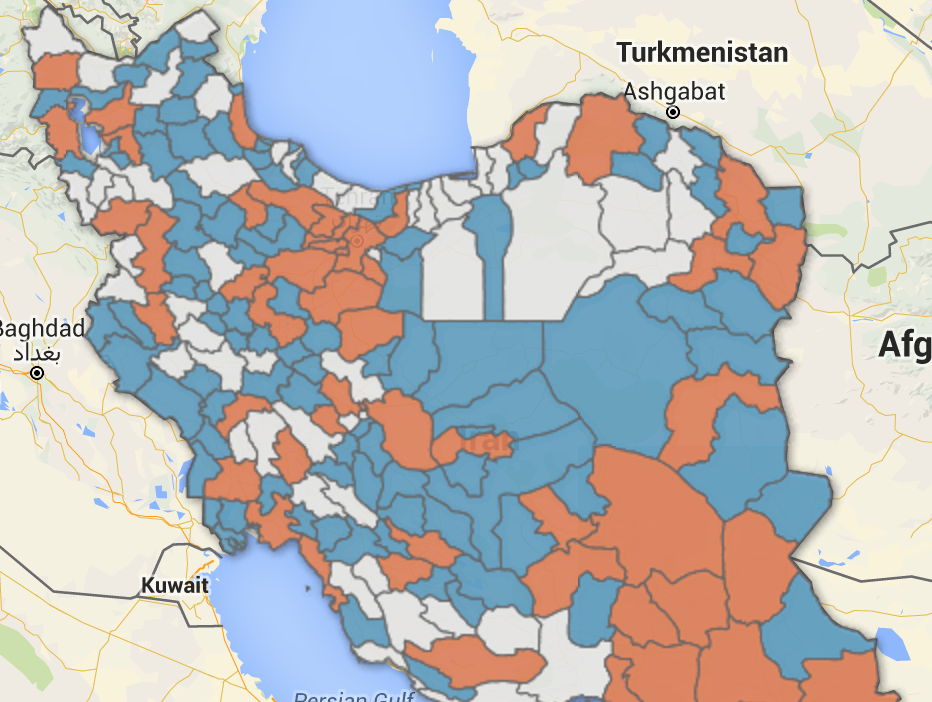 Map of Iran's electoral districts classified by ±50,000 people as the limit of deviation